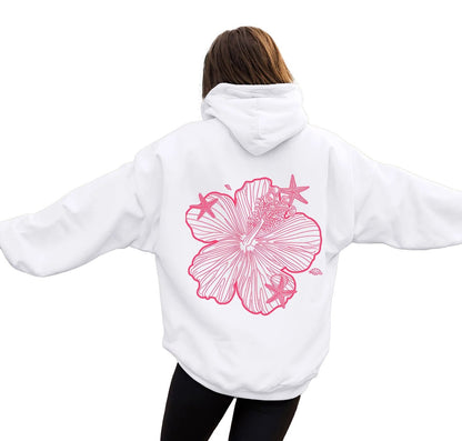White women's casual hoodies featuring a pink floral design on the back for a trendy look