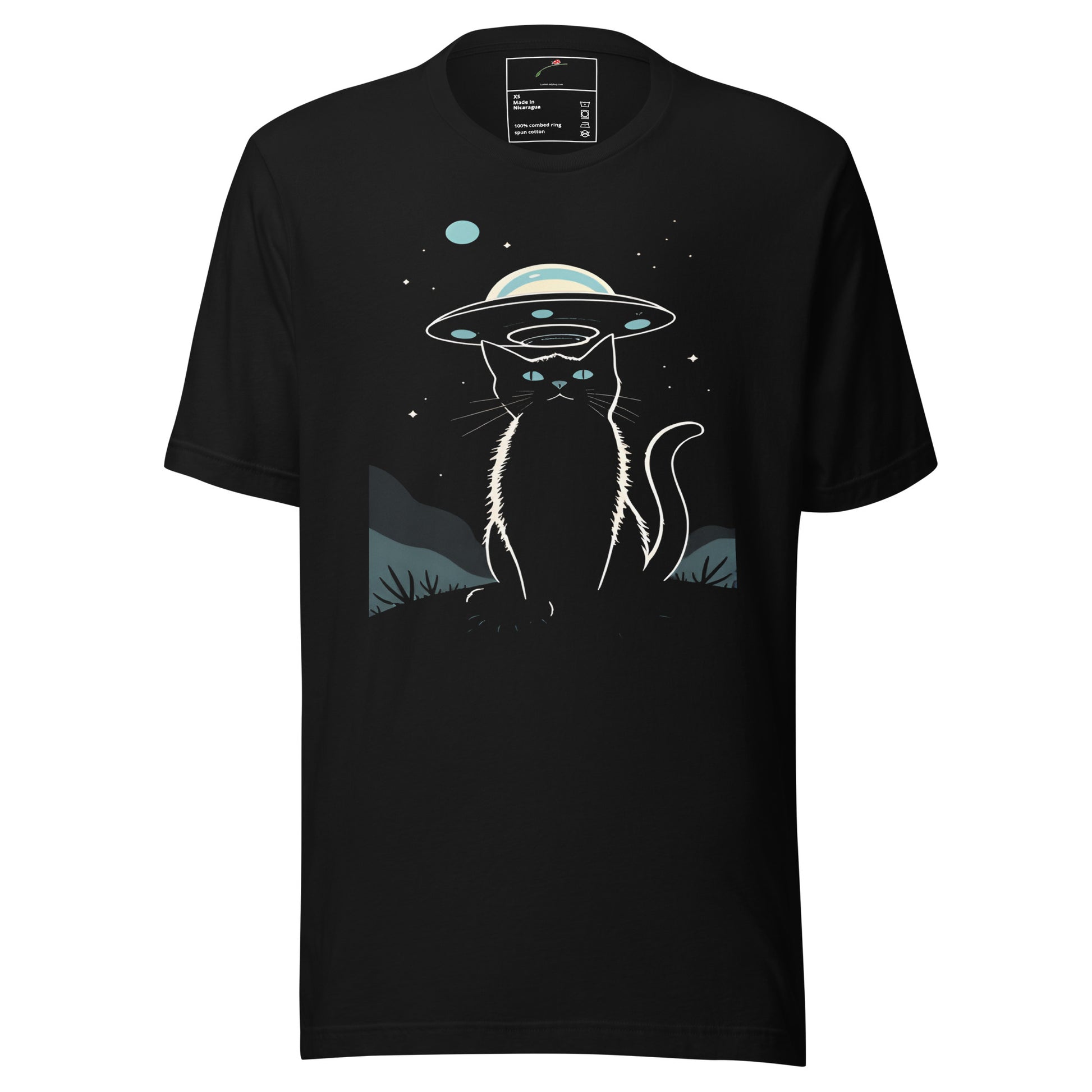 Black cat ufo t-shirt with glowing cat and UFO design on front by LuckeLadybug