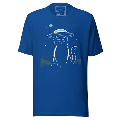 Blue cat ufo t-shirt featuring a graphic of a cat with a UFO hat under stars