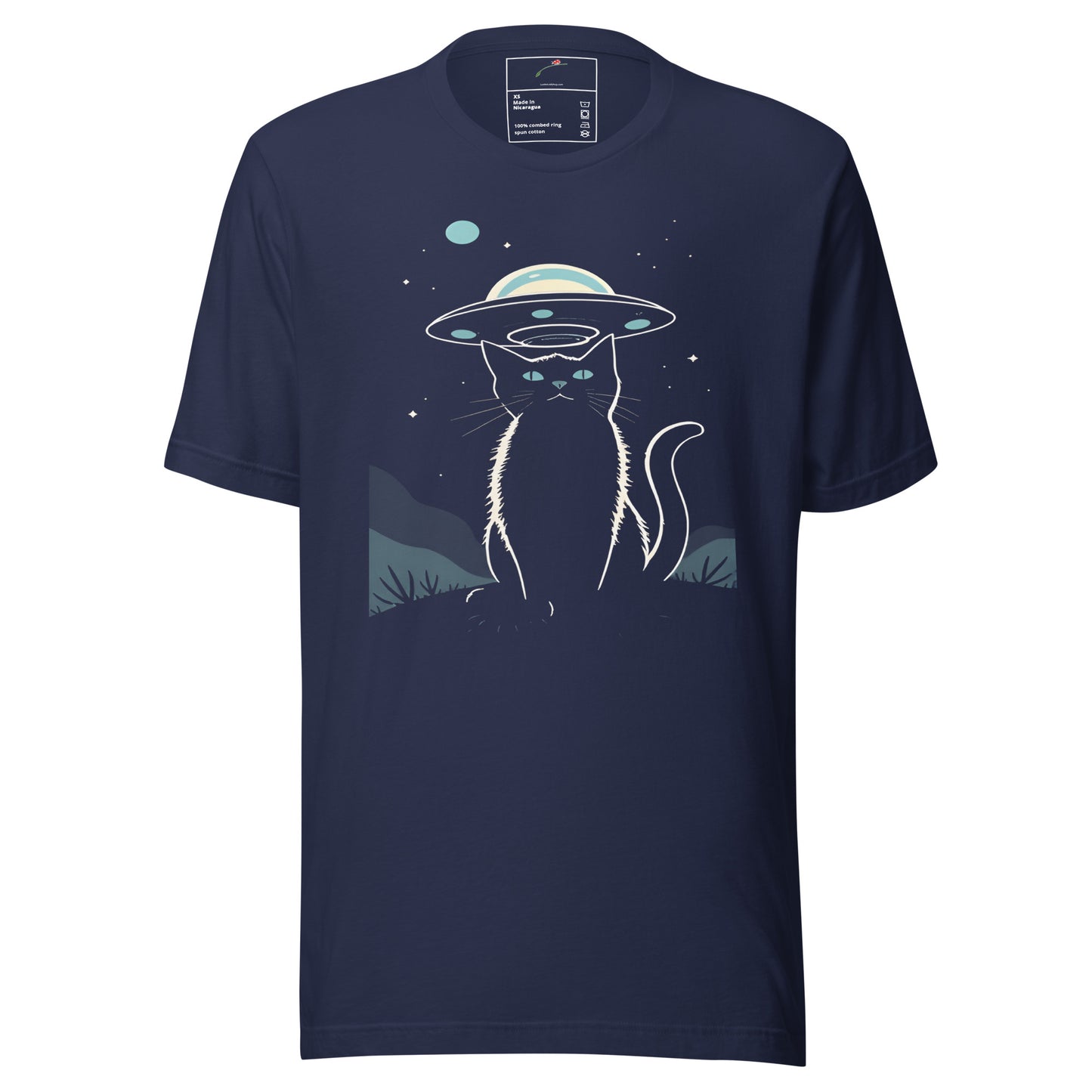 LuckeLadybug cat ufo t-shirt in navy blue featuring a graphic of a cat with a UFO above its head