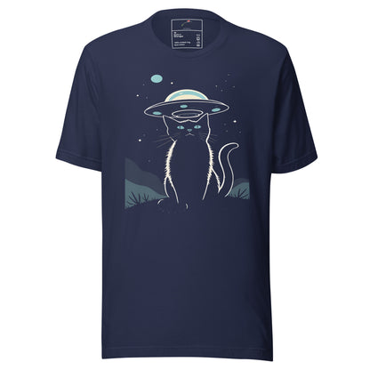 LuckeLadybug cat ufo t-shirt in navy blue featuring a graphic of a cat with a UFO above its head