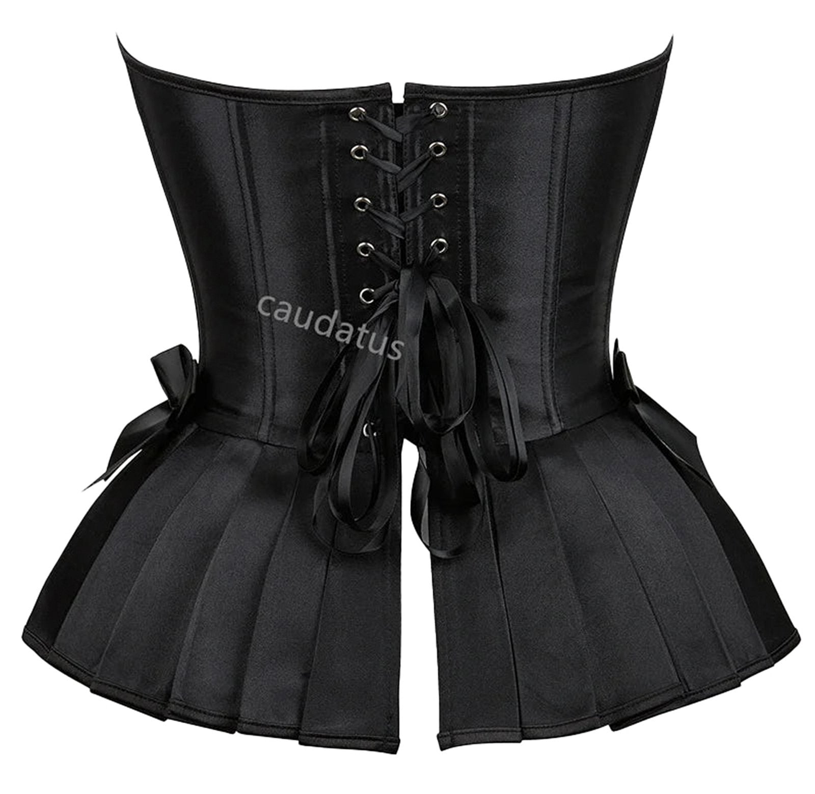 Back view of a blue steampunk corset top with lace-up detailing and pleated design