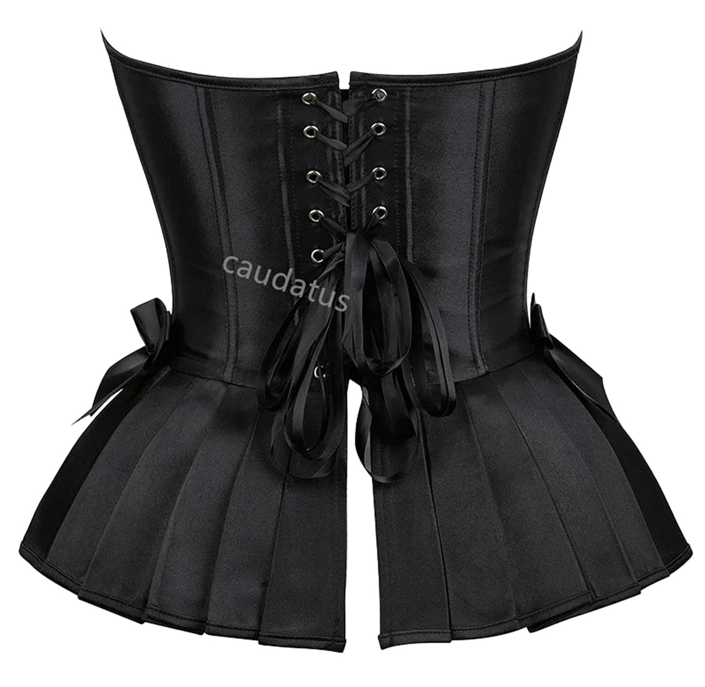 Black steampunk corset top with lace-up detail and flared hem for a stylish look, perfect for costuming