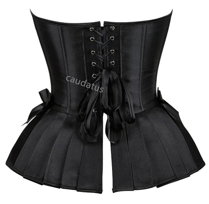 Black steampunk corset top with lace-up detail and flared hem for a stylish look, perfect for costuming
