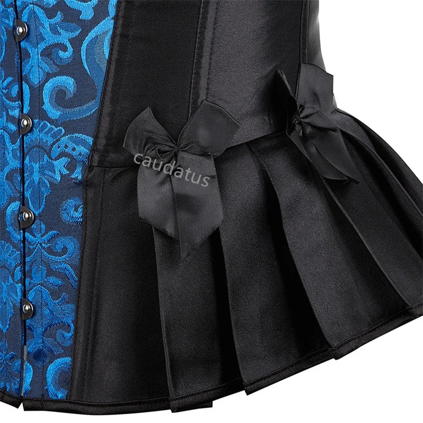 Elegant blue steampunk corset top with intricate patterns and stylish bows on the sides