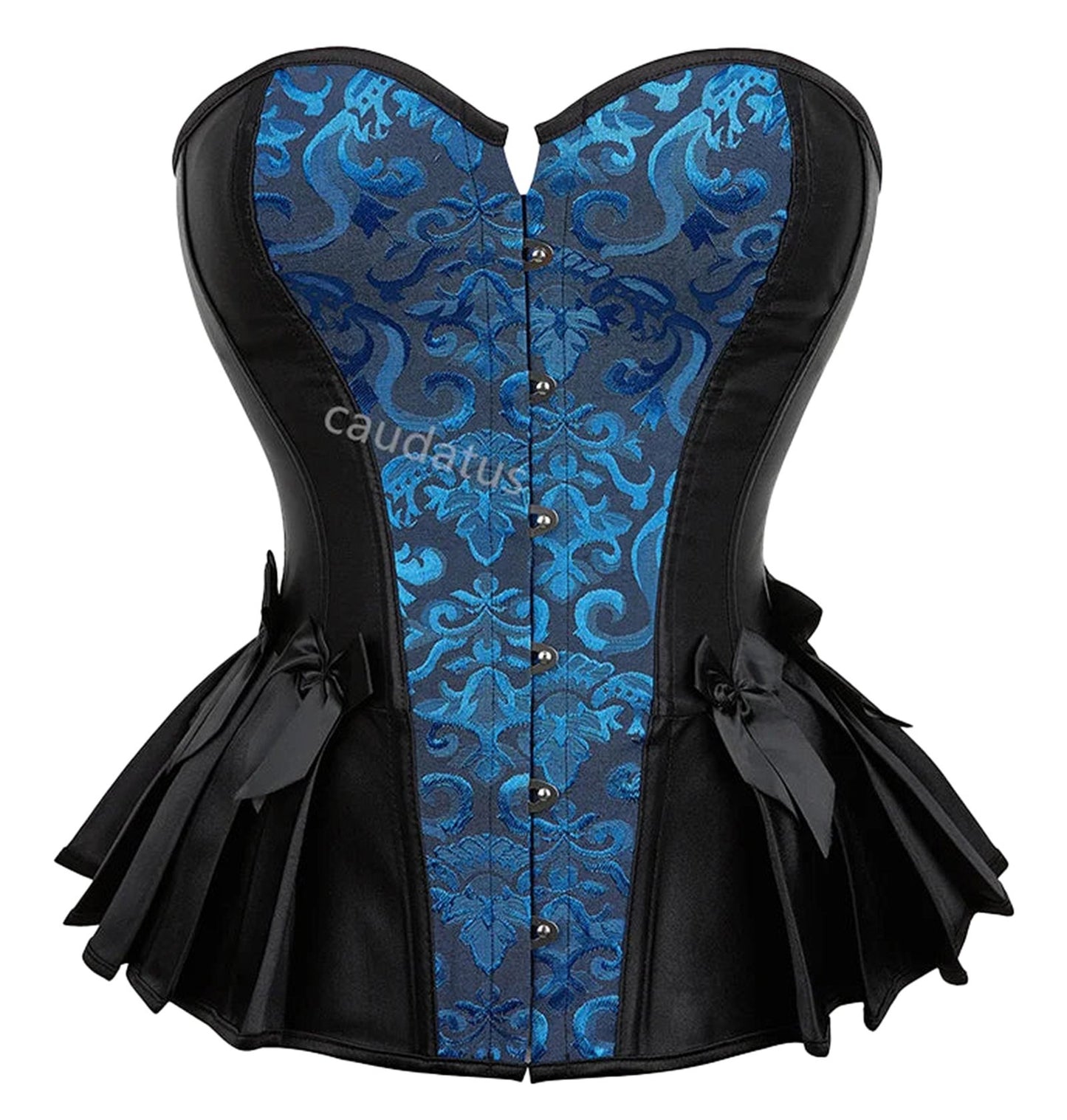 Blue steampunk corset top with black accents and an elegant pattern for a stylish look