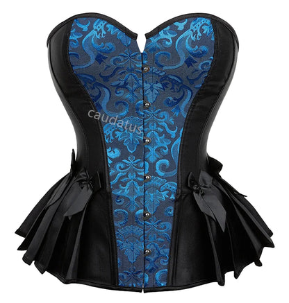 Stylish blue steampunk corset top with intricate patterns and a pleated design for a dramatic look