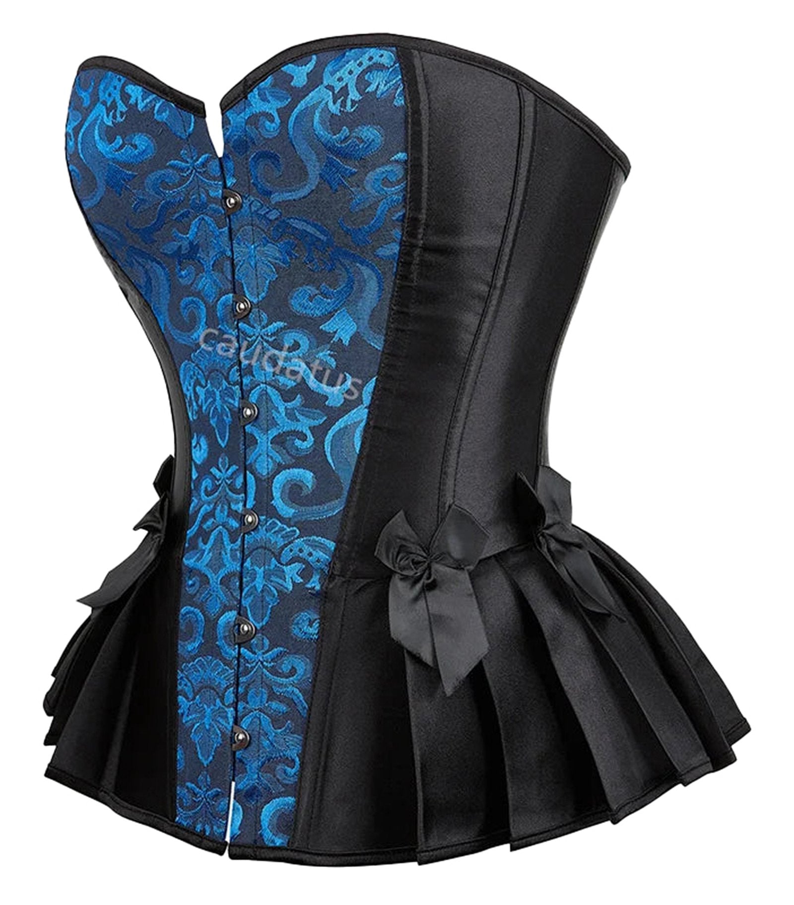 Blue steampunk corset top with intricate design and ruffled hem for stylish outfits