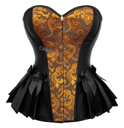 Elegant black and gold patterned blue steampunk corset top with front hook closure and flared skirts
