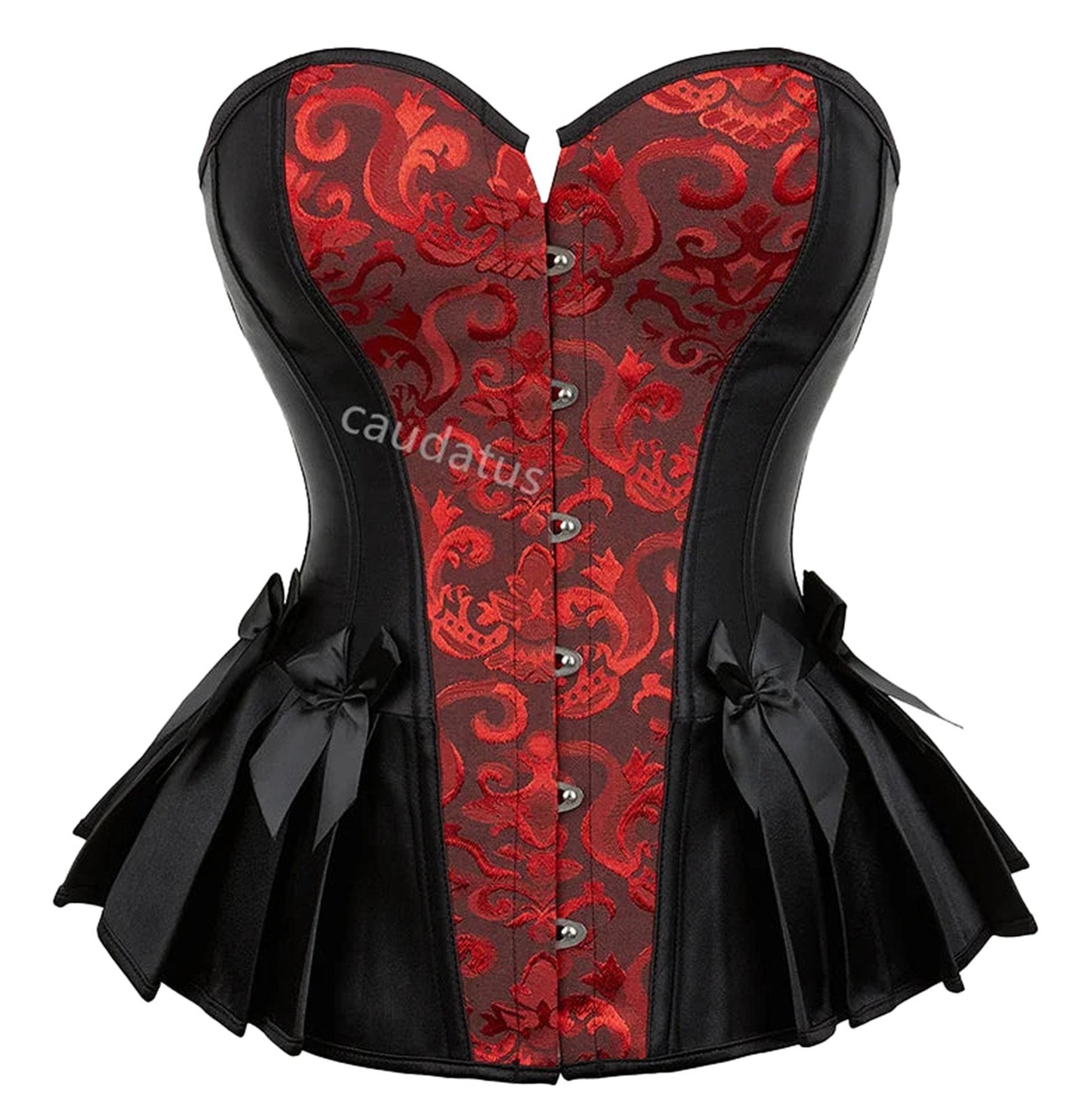 Elegant blue steampunk corset top with lace detailing and layered bows for a stylish look