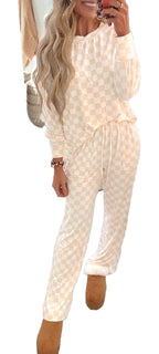 Beige Checkered Lounge Set For Cozy Comfort