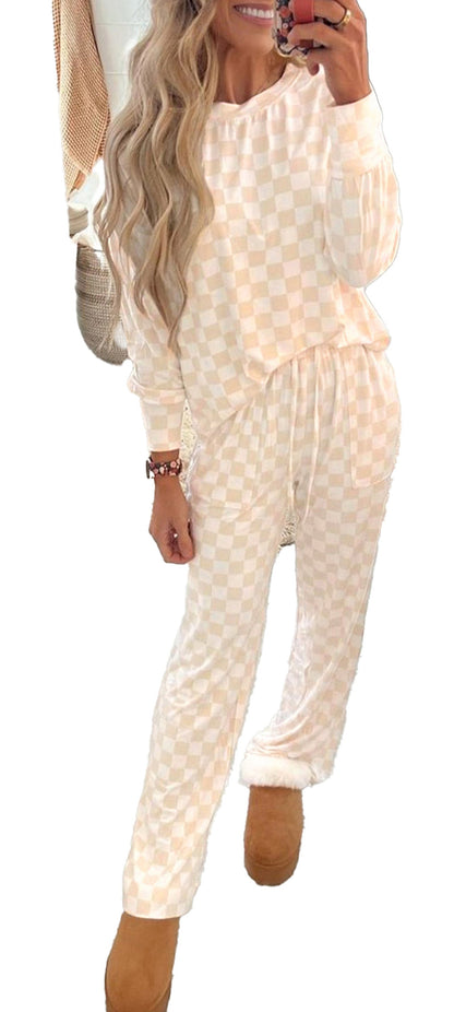 Beige Checkered Lounge Set For Cozy Comfort