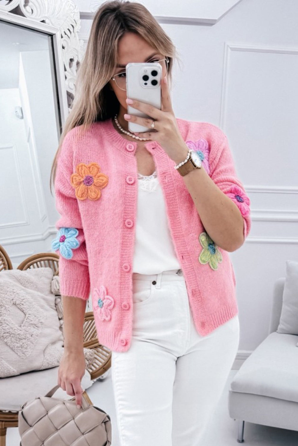 Pink Floral Knit Cardigan For Trendy Looks