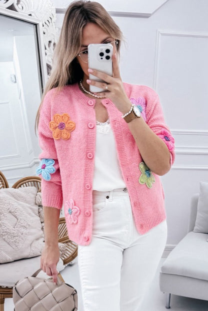 Pink Floral Knit Cardigan For Trendy Looks