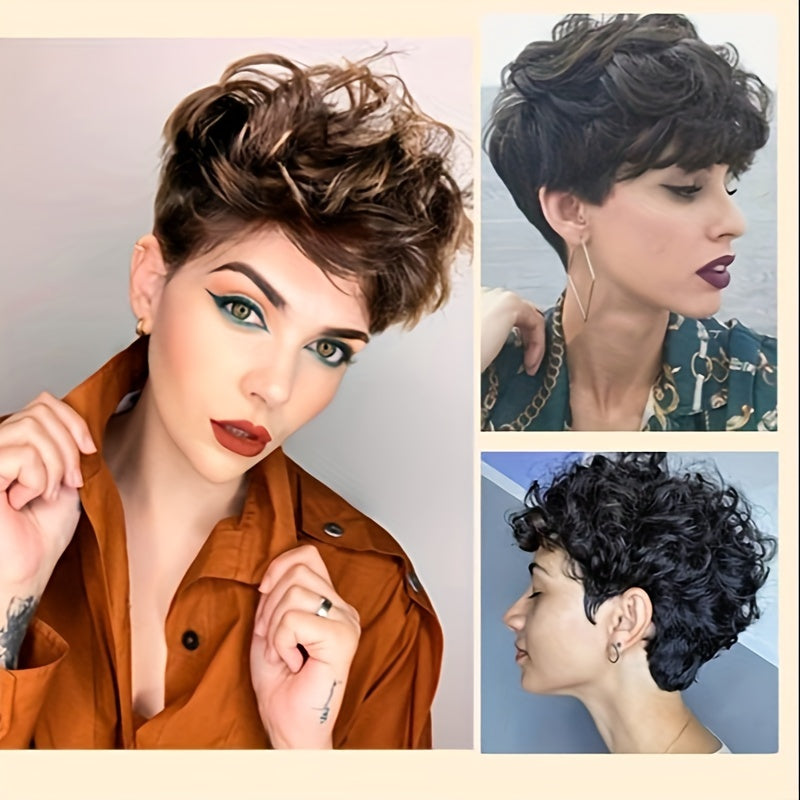 Short curly pixie cut wig displayed on models showcasing various styling options and colors