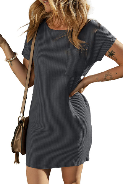 LuckeLadybug blue striped t-shirt dress ribbed short sleeve casual pocketed mini with crossbody bag