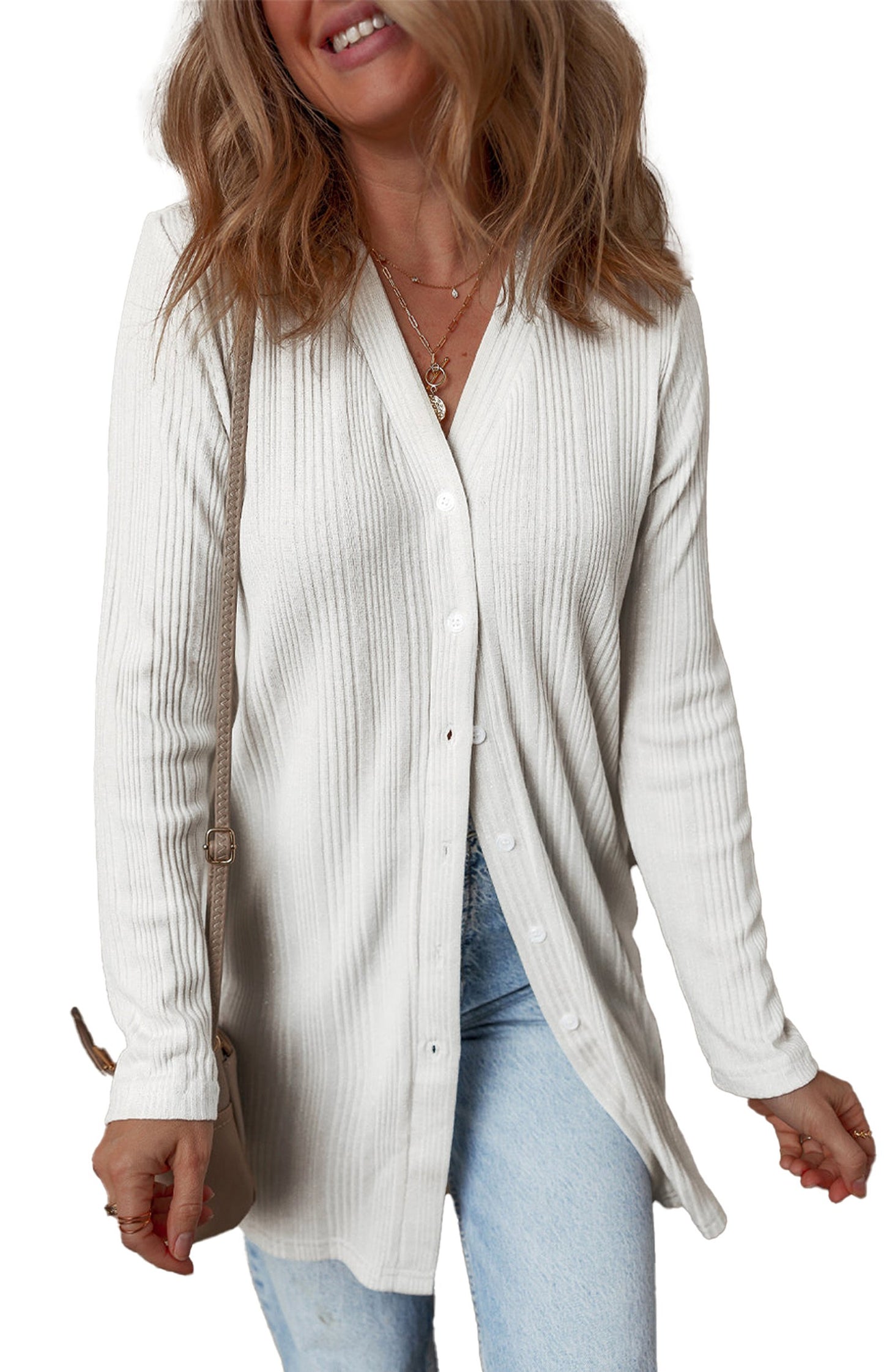 White Ribbed Button Up Tunic Cardigan