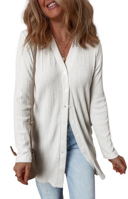 White Ribbed Button Up Tunic Cardigan