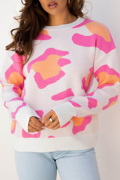 Pink Leopard Print Sweater For Trendy Style