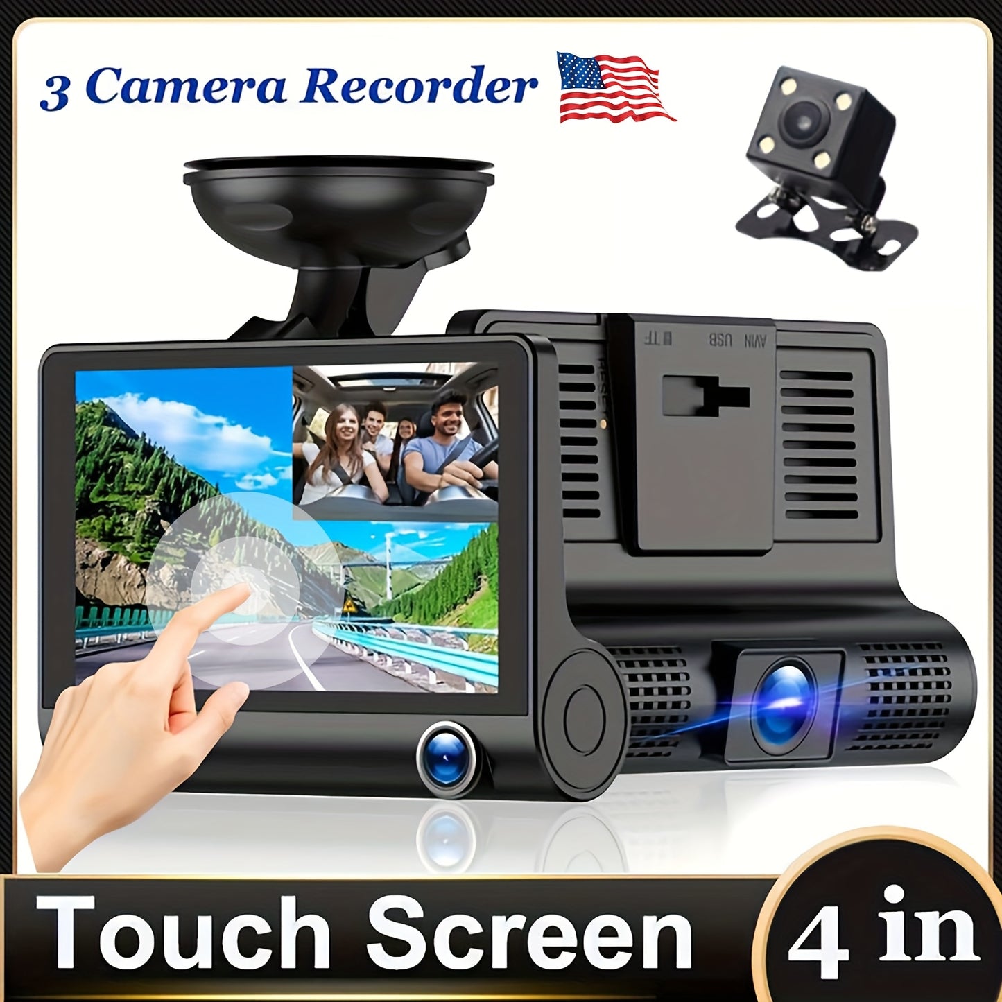 1080p Touch Screen Dash Cam With 3 Cameras