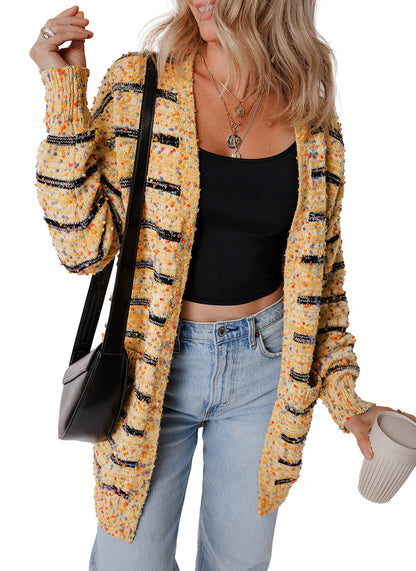 Beige Striped Knit Cardigan For Trendy Style
