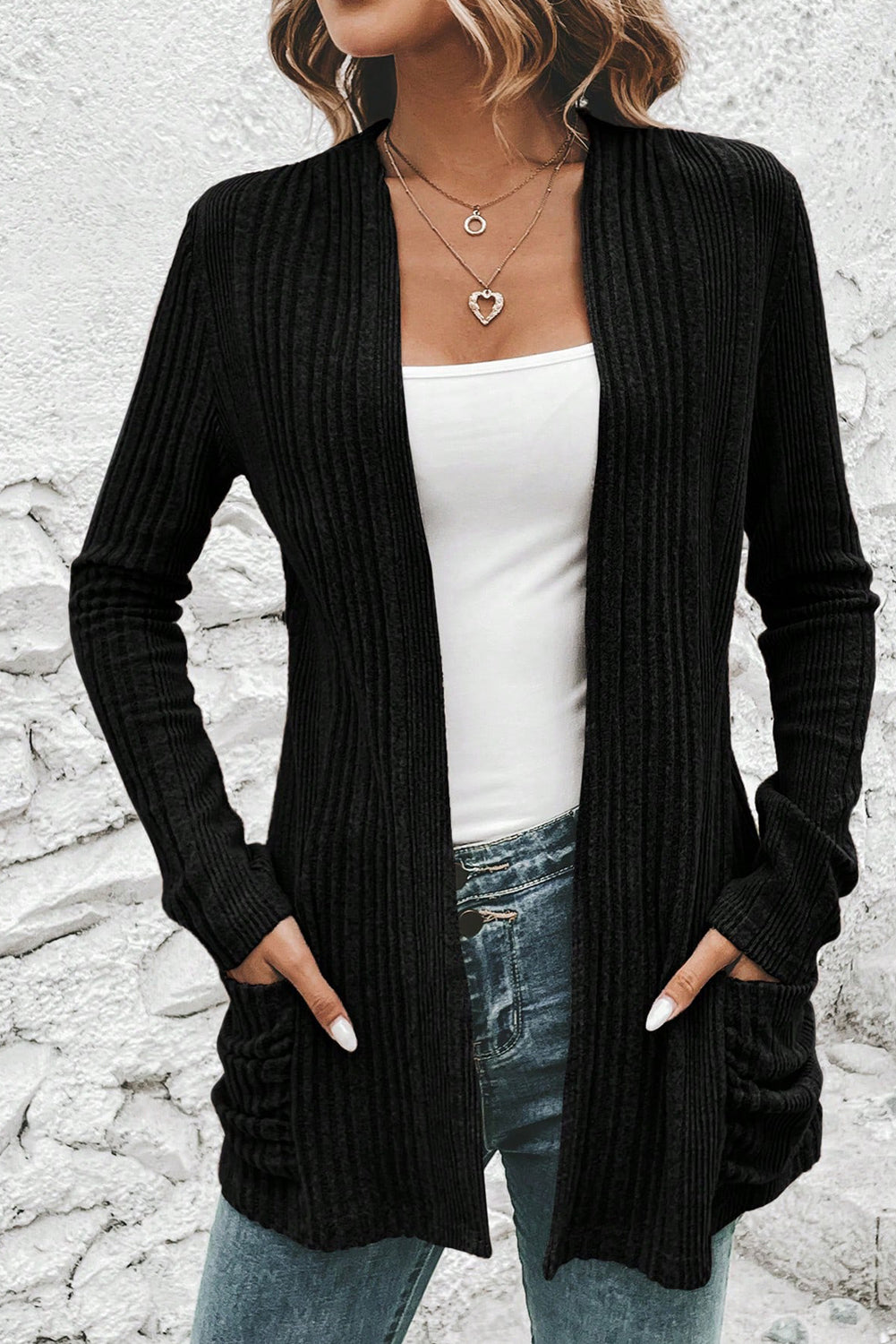 Black Ribbed Open Front Cardigan