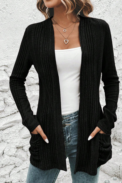 Black Ribbed Open Front Cardigan