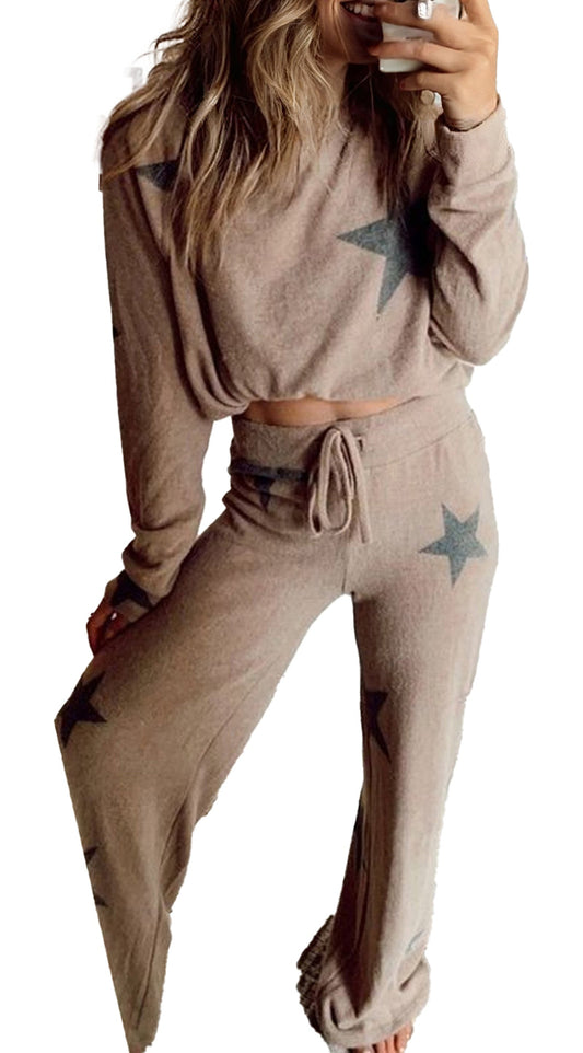 Khaki Star Print Lounge Set For Cozy Style