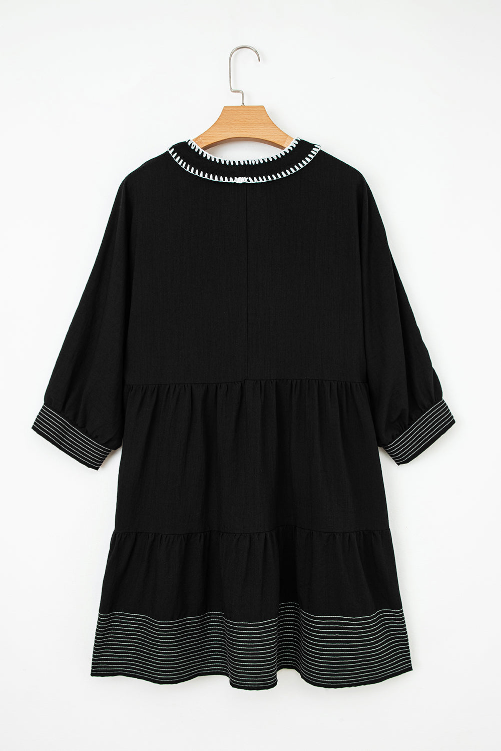 Black Contrast Stitch Mini Dress Tiered V-Neck