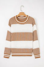 Brown Striped Patchwork Sweater For Trendy Look