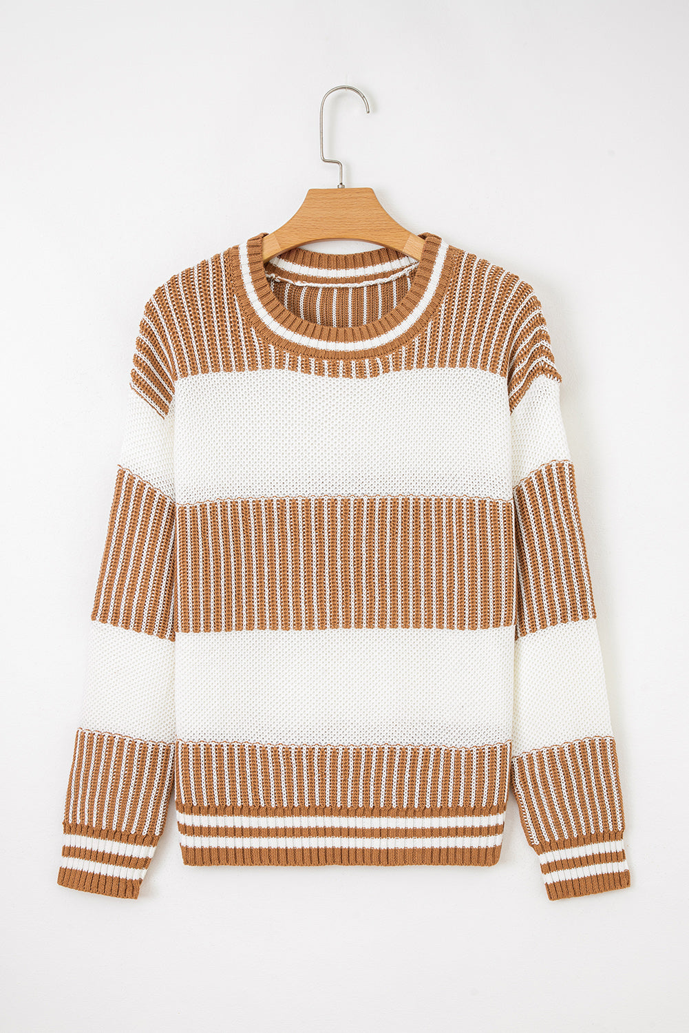 Brown Striped Patchwork Sweater For Trendy Look