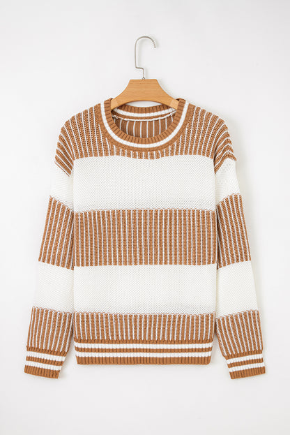 Brown Striped Patchwork Sweater For Trendy Look