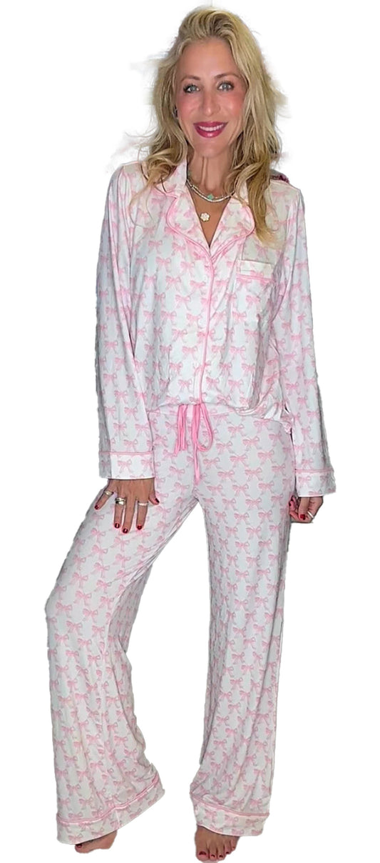 Pink Bow Pajama Set For Women Cozy Comfort