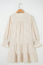 Parchment Long Sleeve Notched Neck Jacquard Tiered Mini Dress