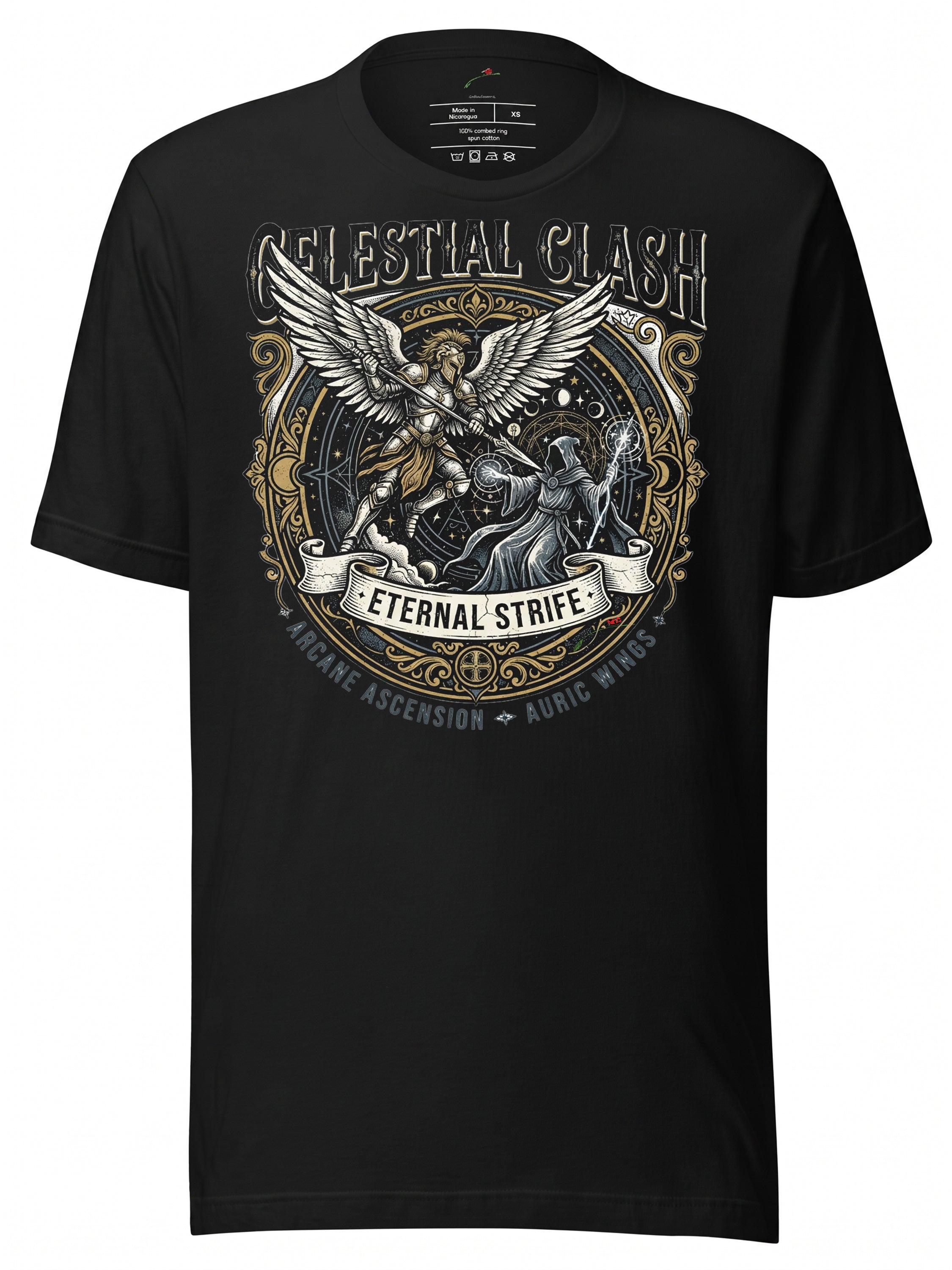 Black Graphic Tees T Shirt featuring Celestial Clash design with angel and mythical creatures