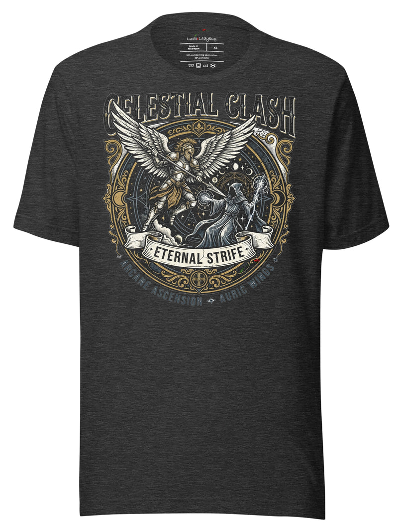 Celestial Clash Eternal Strife Graphic Tees T Shirt with Vintage Angel and Battle Design