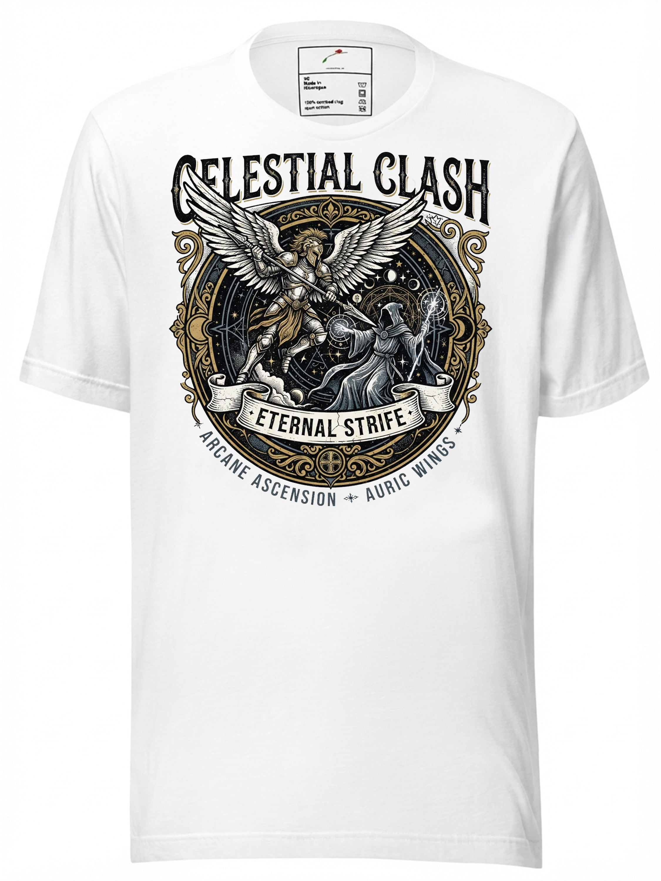 Celestial Clash Graphic Tees T Shirt featuring detailed artwork of angels and mythical elements