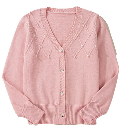 Pearl Beaded Knit Cardigan In Pink