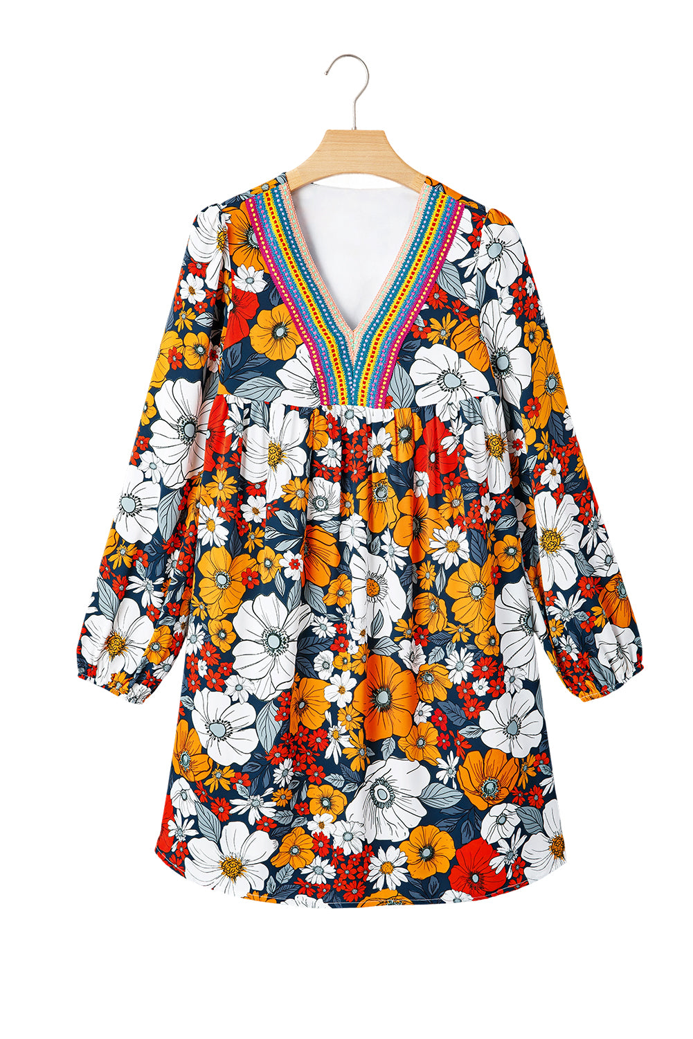 Orange Floral Mini Dress Boho V-Neck