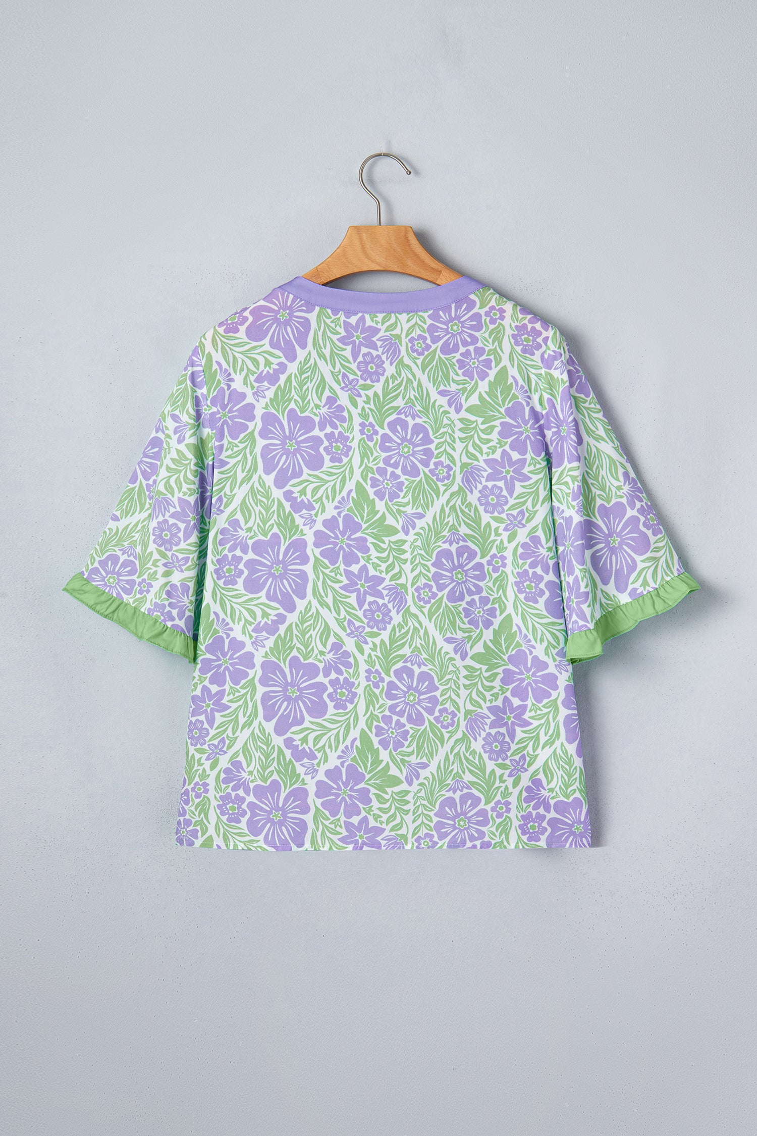 Sky Blue Floral Print Ruffled Color Block Trim Half Sleeve Blouse