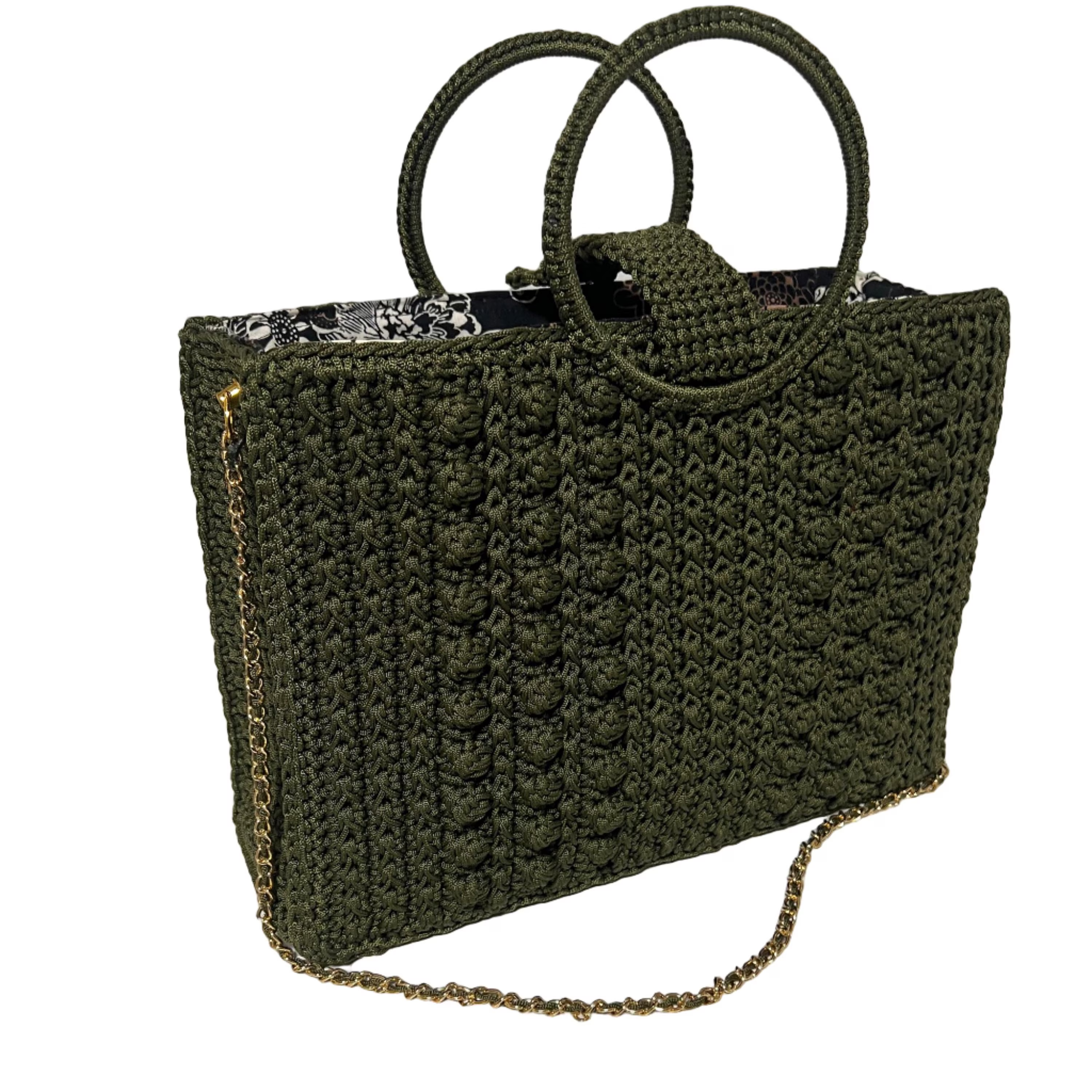 Olive green woven tote handbag with chain strap handbag for stylish and versatile use