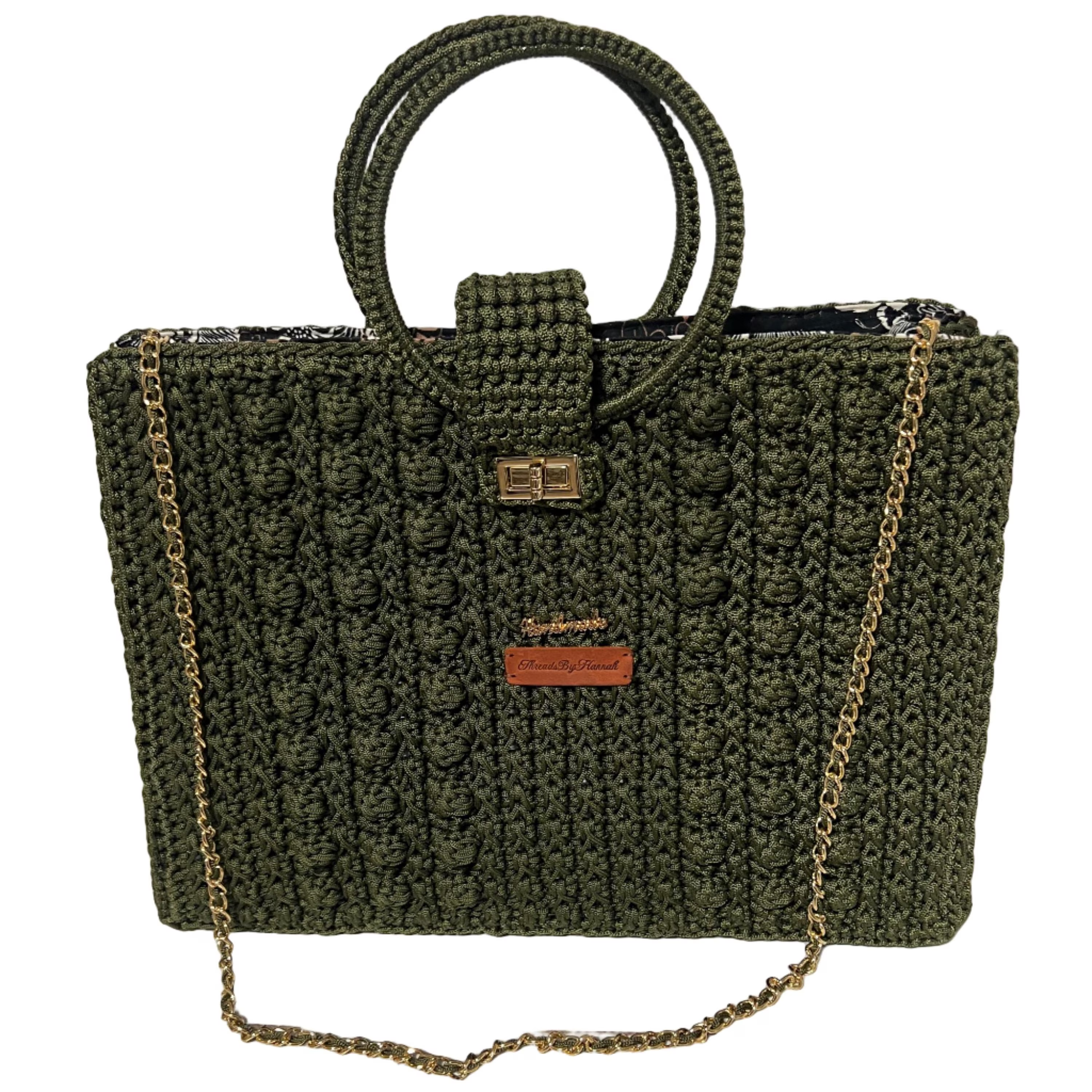 Olive green crochet tote handbag with a chain strap handbag for stylish everyday use