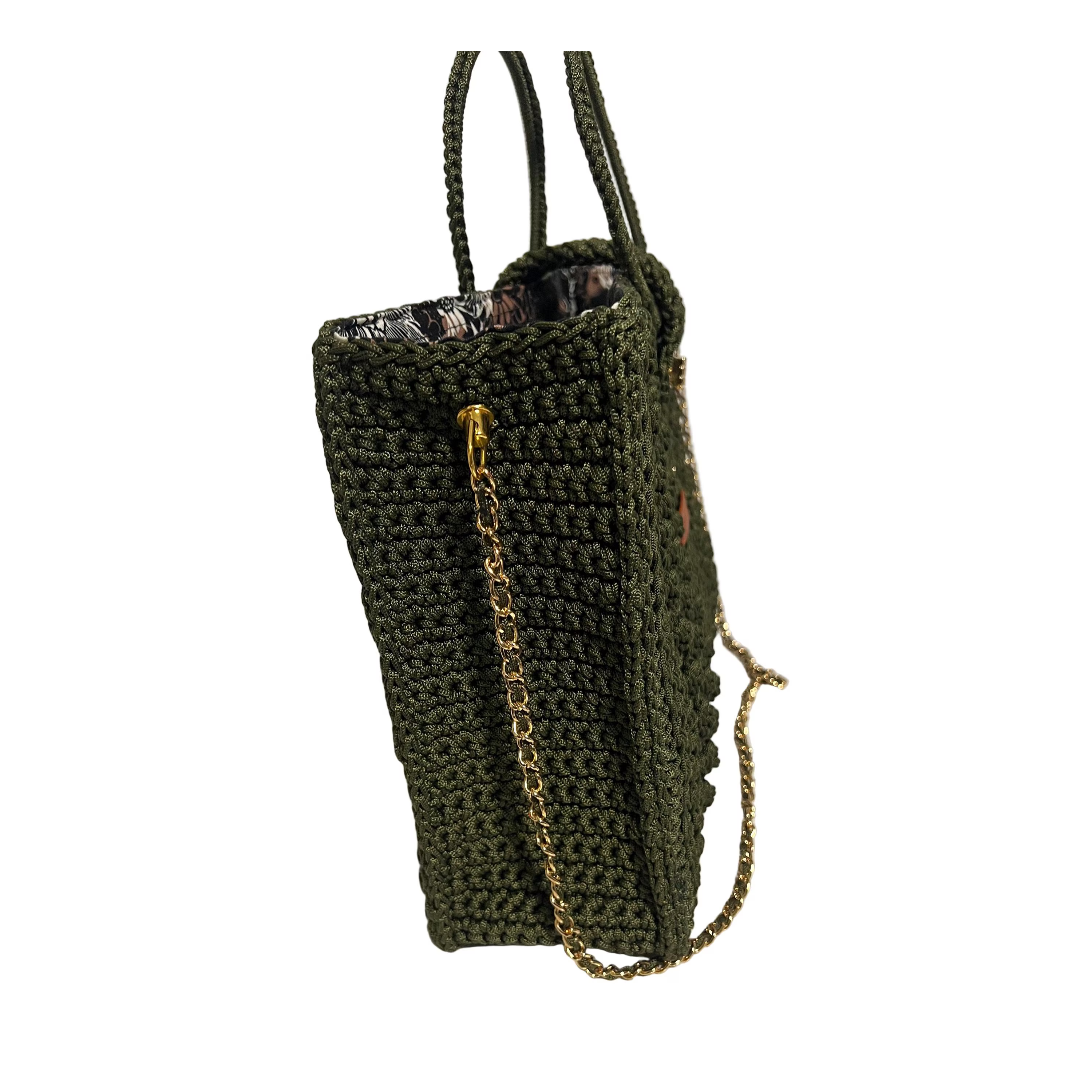 Olive green tote with chain strap handbag feature and textured woven design for chic style