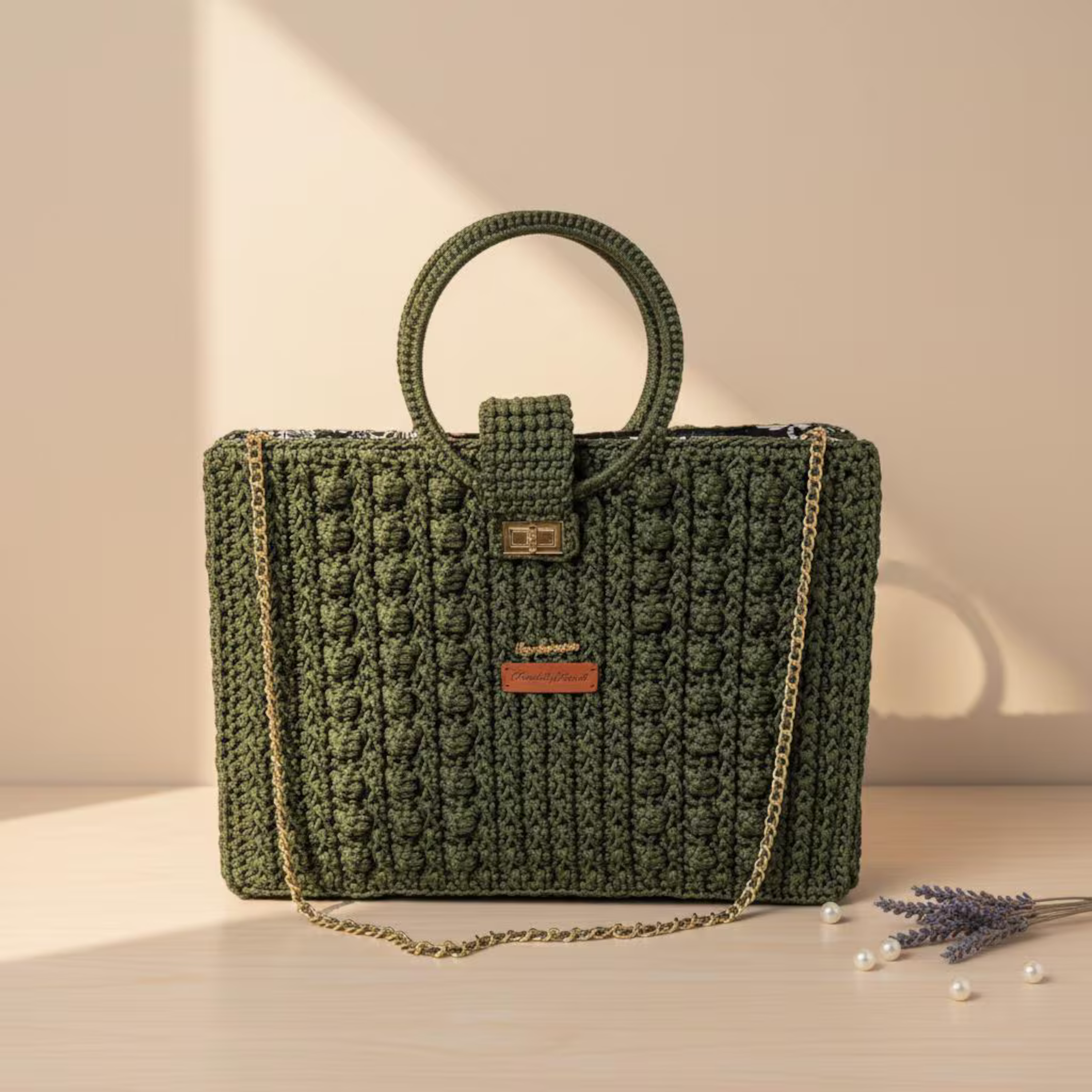 Olive Green Crochet Tote Handbag with Chain Strap and Round Handles from ThreadsByHannah