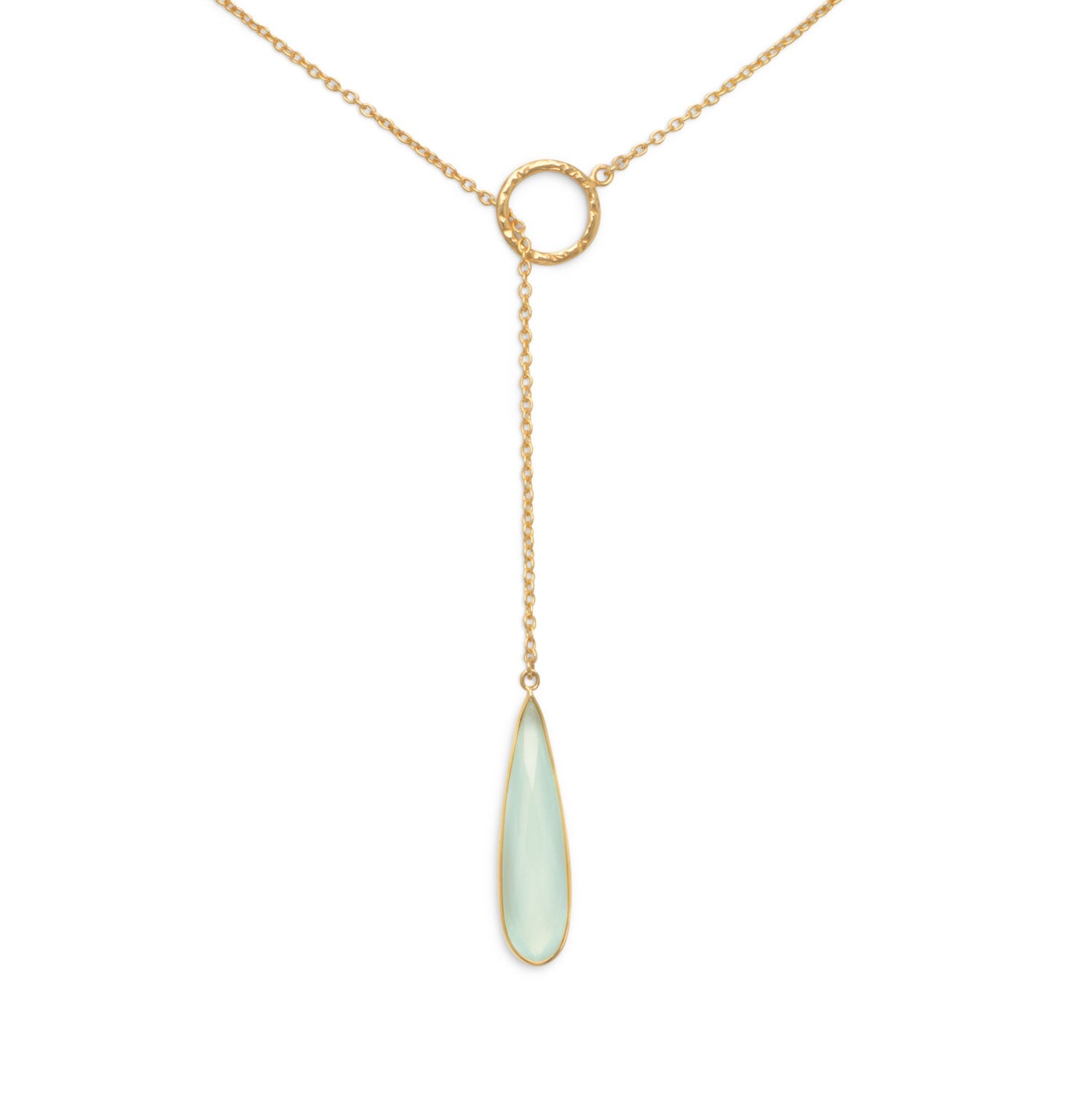 LuckeLadybug LLC Chalcedony lariat necklace with a delicate gold chain and teardrop pendant