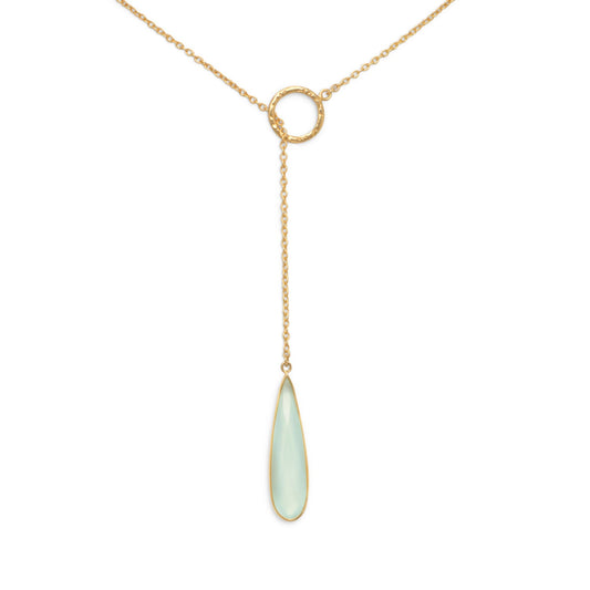 LuckeLadybug LLC Chalcedony lariat necklace with a delicate gold chain and teardrop pendant