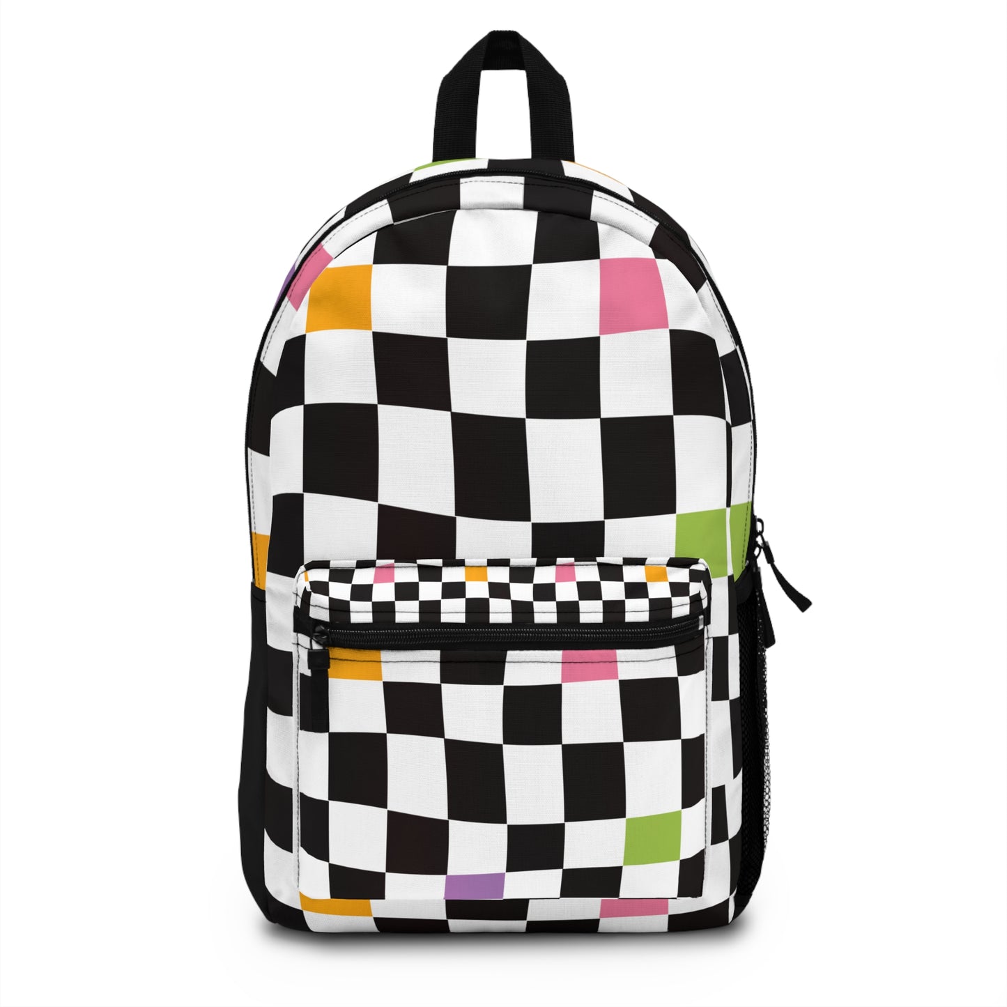 LuckeLadybug checkered backpack for teens featuring a vibrant black and white design with colorful accents
