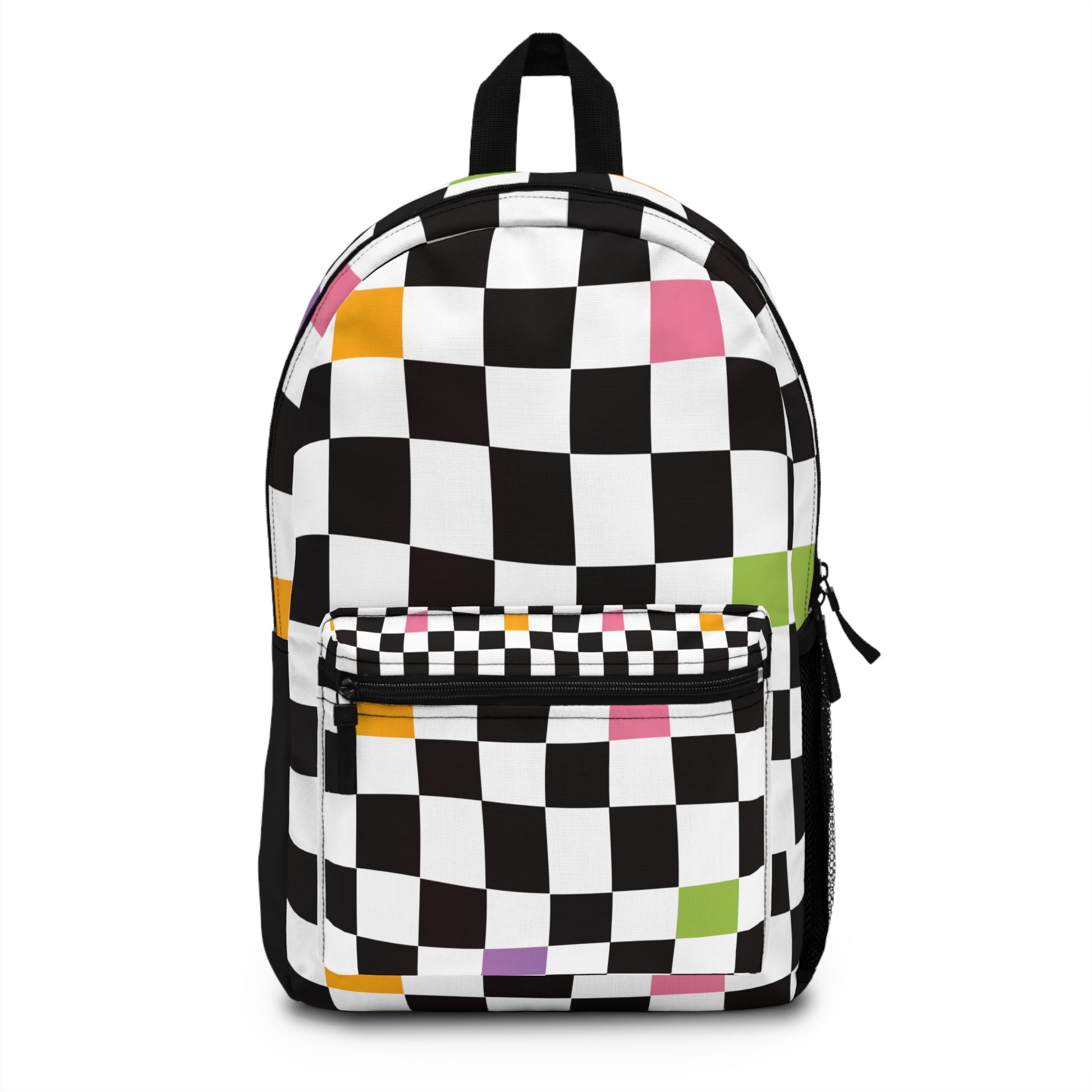 LuckeLadybug checkered backpack for teens featuring a vibrant black and white design with colorful accents