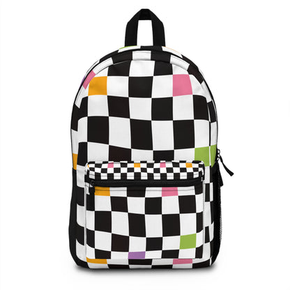 LuckeLadybug checkered backpack for teens featuring a vibrant black and white design with colorful accents