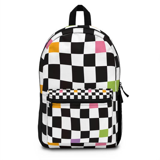 LuckeLadybug checkered backpack for teens featuring a vibrant black and white design with colorful accents
